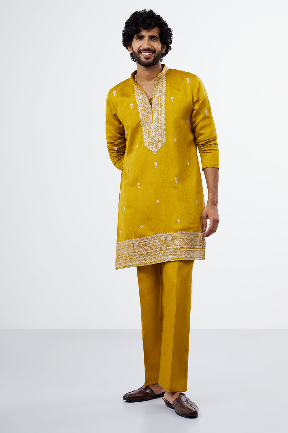 Mustard Embroidered Men's Kurta Set