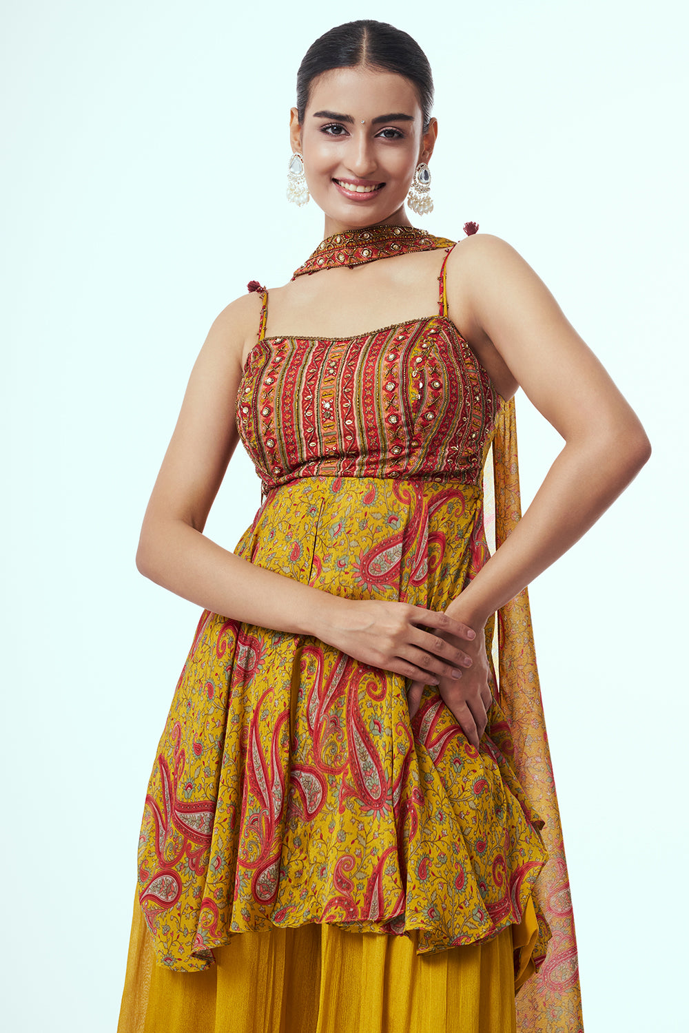 Mustard Yellow Modal Indo-Western Set with Mirror Work