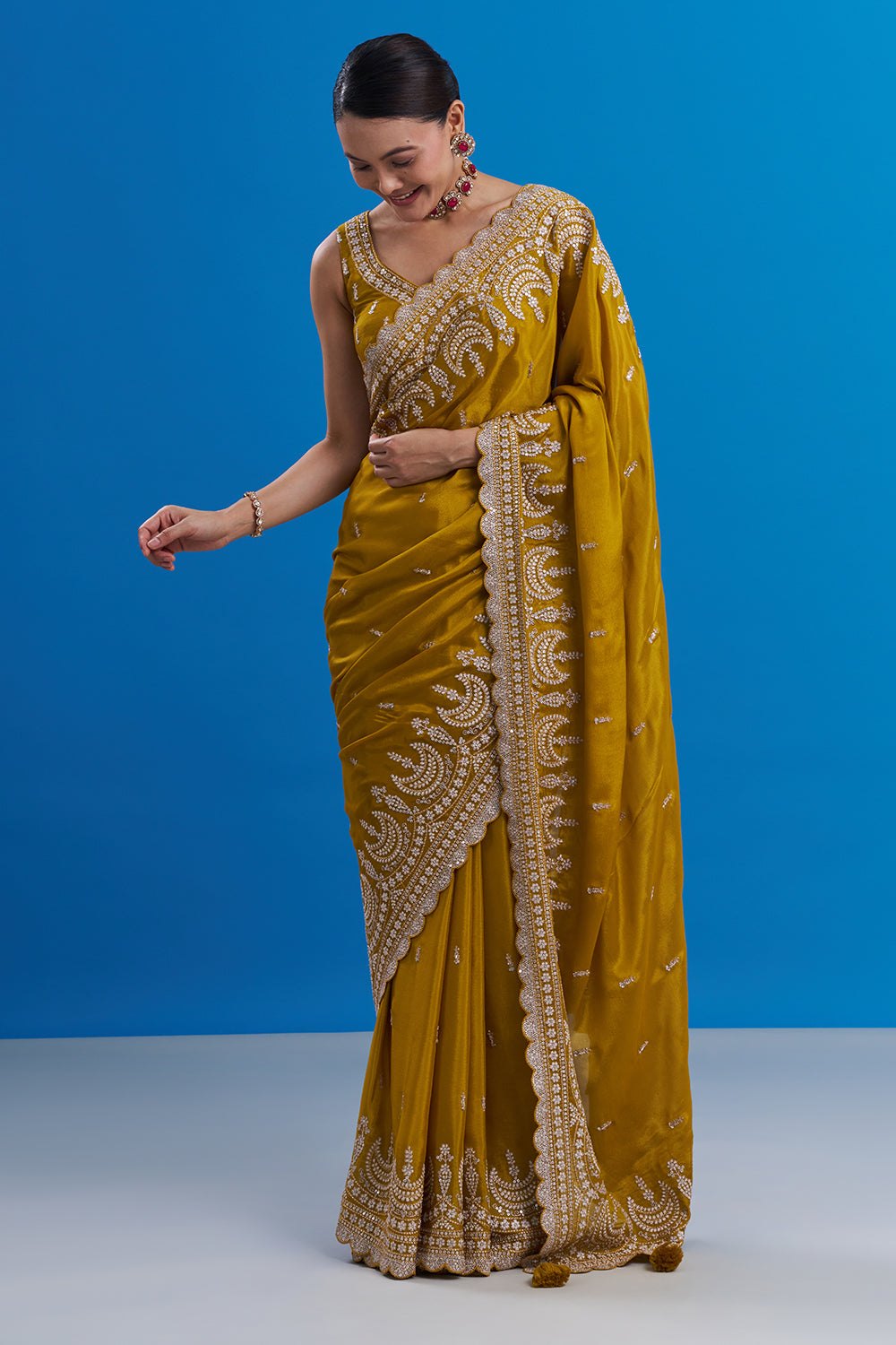 Mustard Yellow Pure Chiffon Saree with Sequin Embroidery And Unstitched Blouse