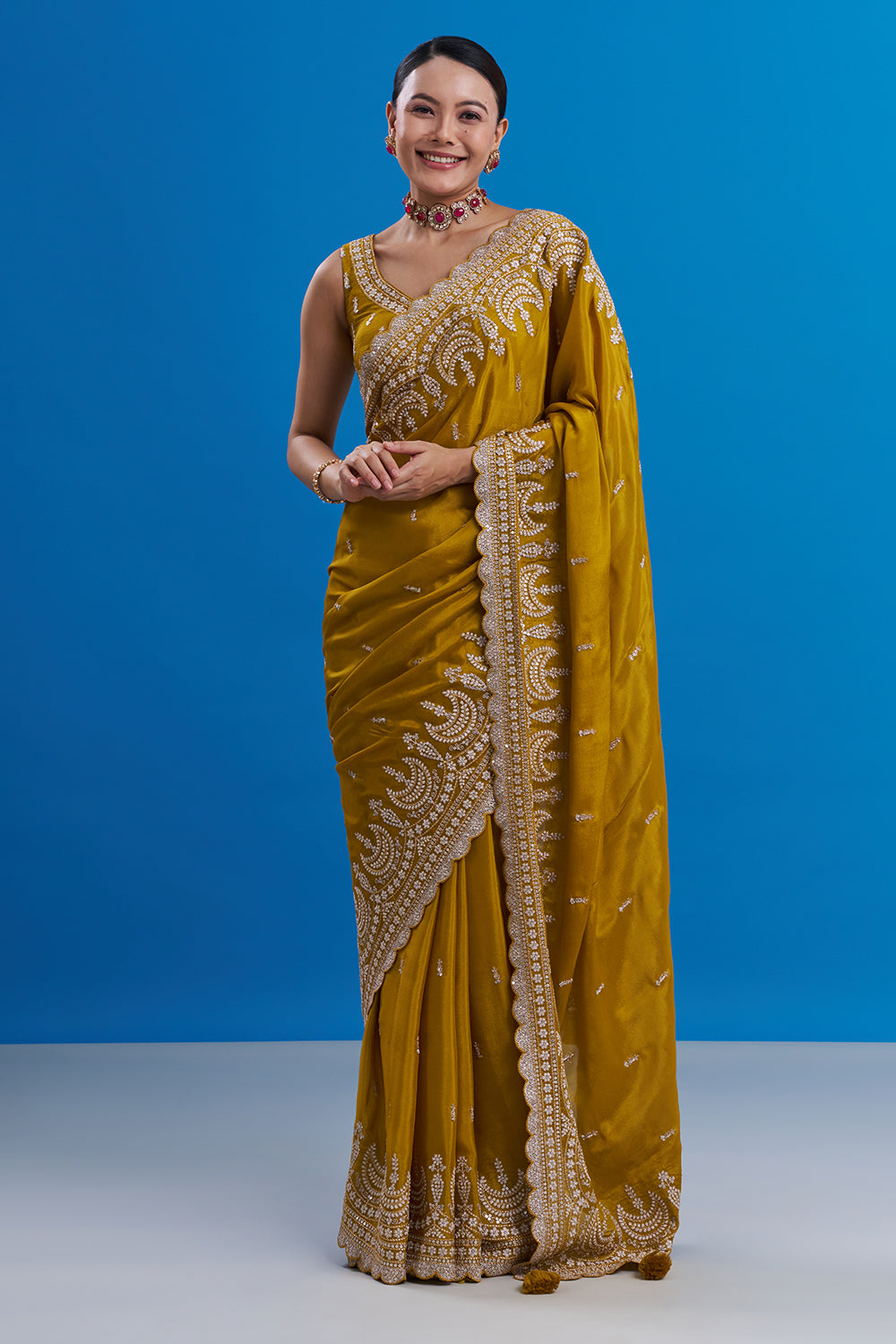 Mustard Yellow Pure Chiffon Saree with Sequin Embroidery And Unstitched Blouse