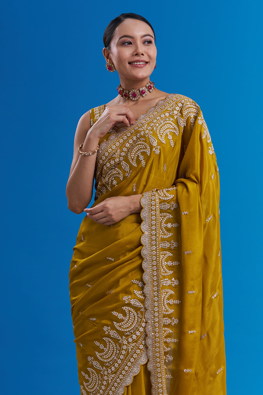 Mustard Yellow Pure Chiffon Saree with Sequin Embroidery And Unstitched Blouse