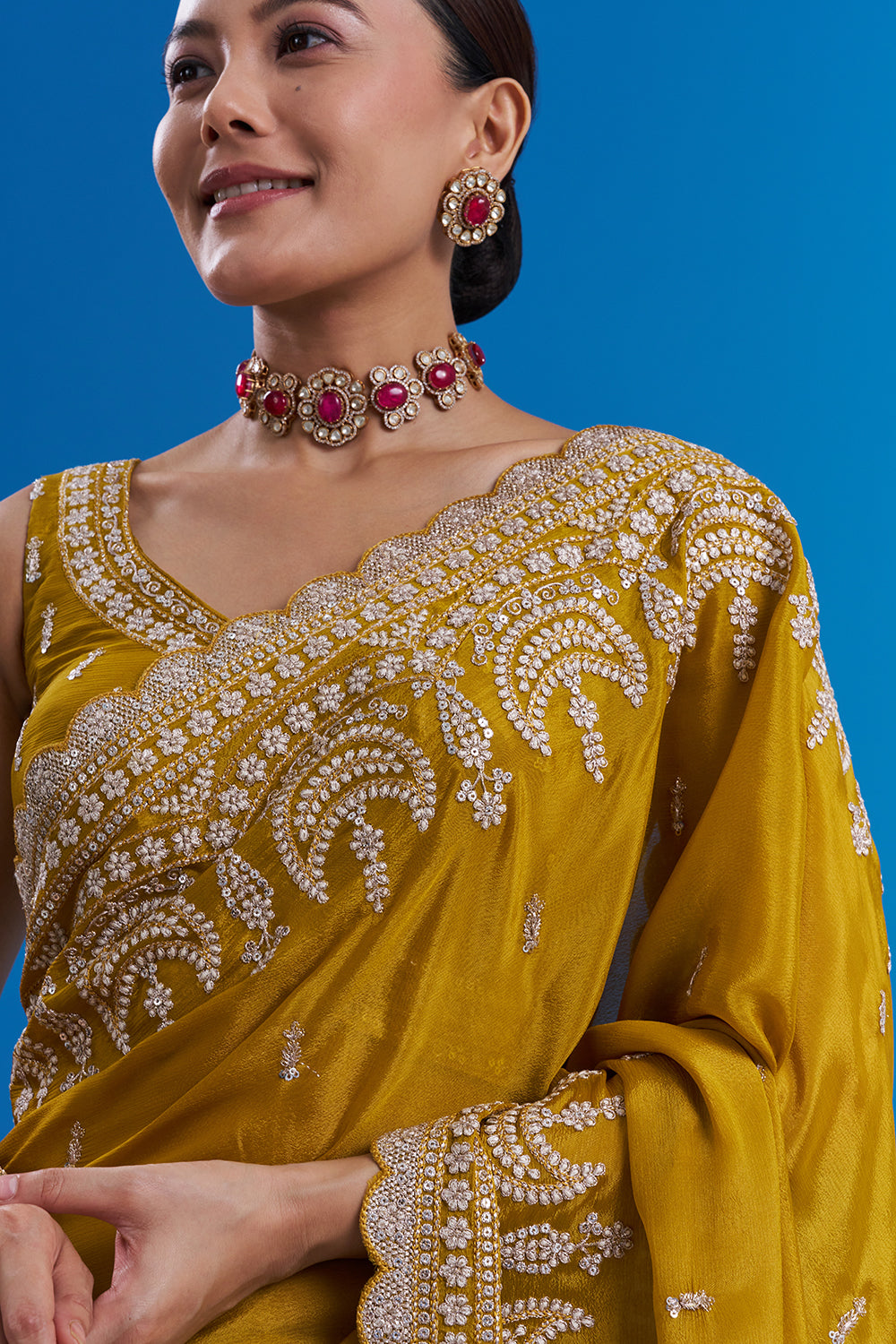 Mustard Yellow Pure Chiffon Saree with Sequin Embroidery And Unstitched Blouse