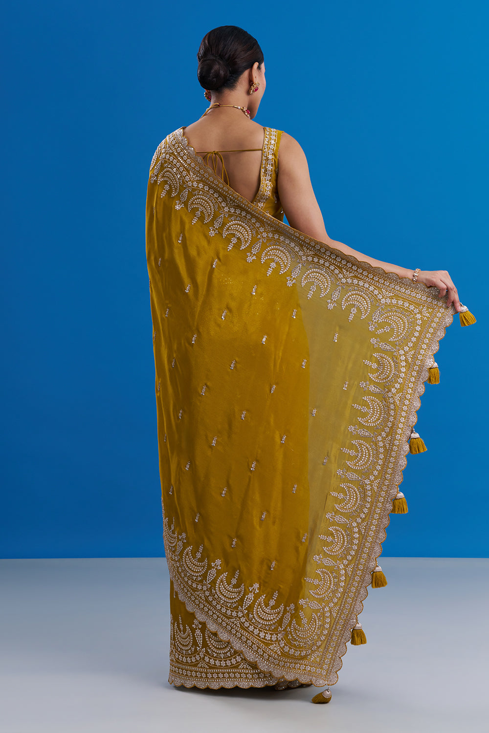 Mustard Yellow Pure Chiffon Saree with Sequin Embroidery And Unstitched Blouse