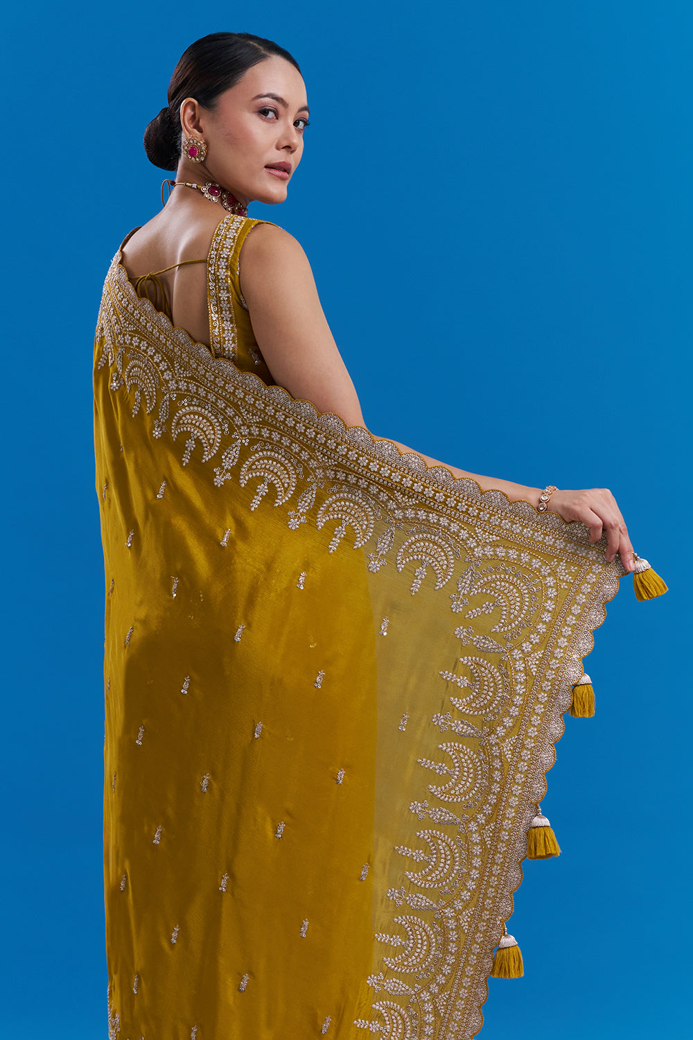 Mustard Yellow Pure Chiffon Saree with Sequin Embroidery And Unstitched Blouse