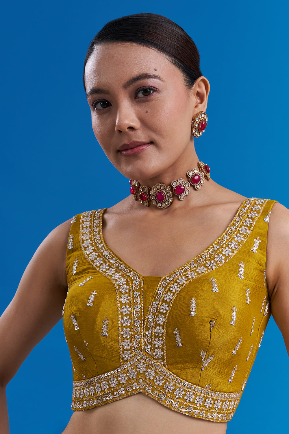Mustard Yellow Pure Chiffon Saree with Sequin Embroidery And Unstitched Blouse