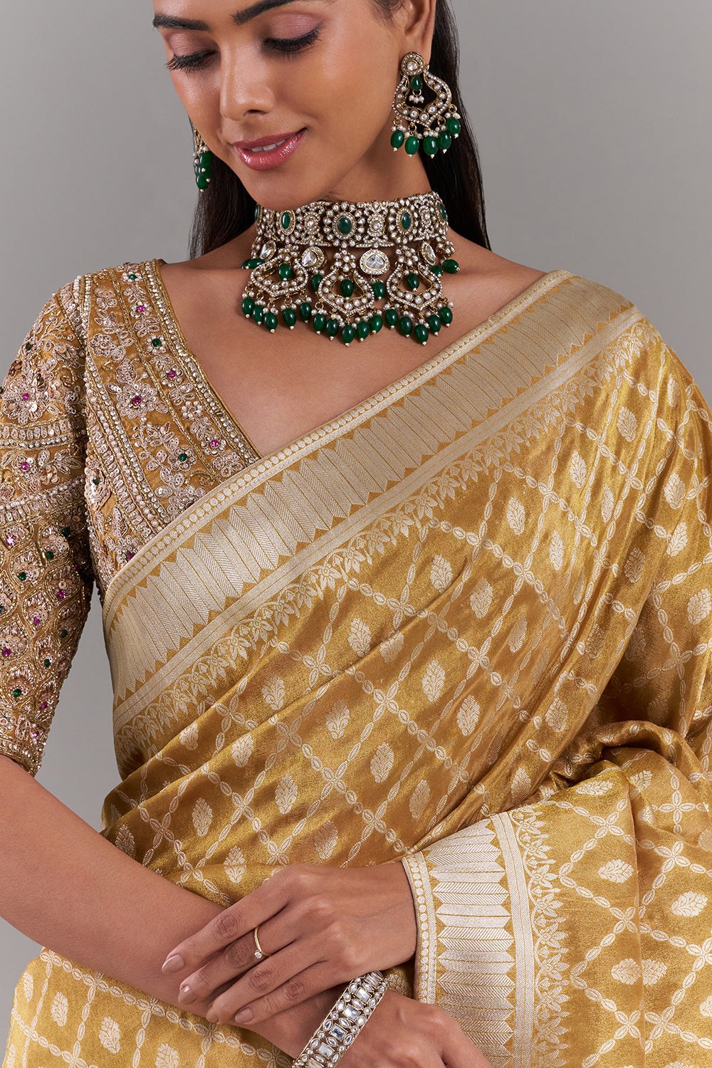 Mustard Yellow Shimmer Tissue Saree with Banarasi Print