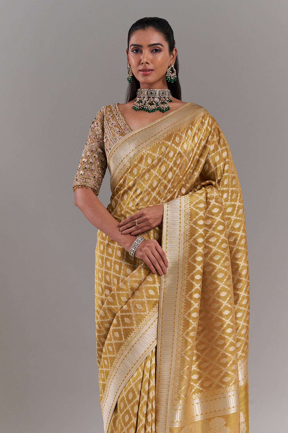 Mustard Yellow Shimmer Tissue Saree with Banarasi Print