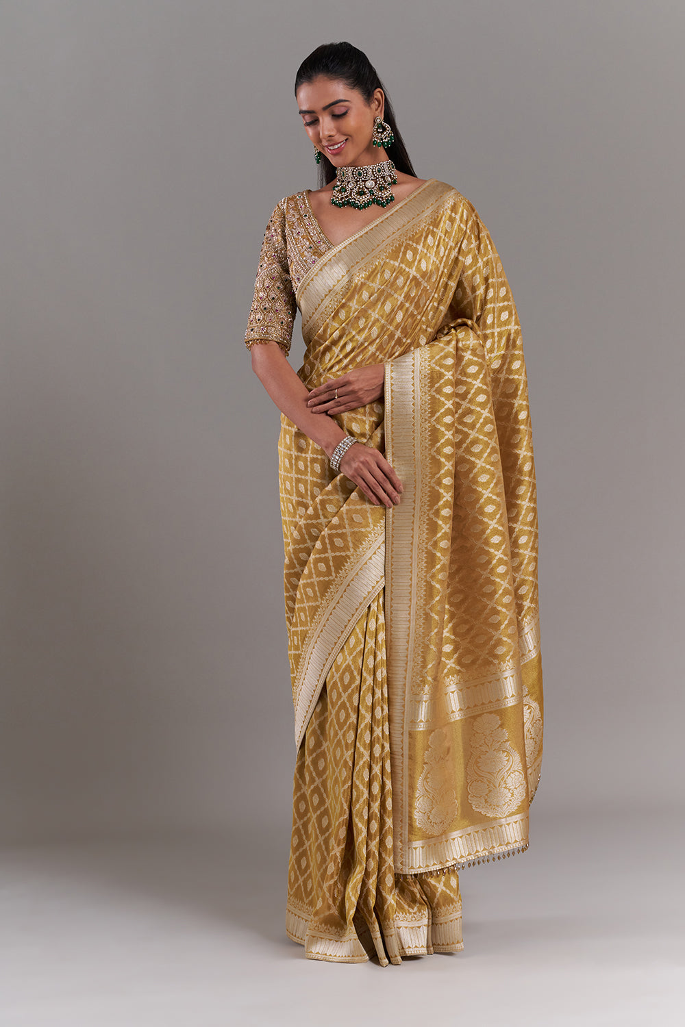 Mustard Yellow Shimmer Tissue Saree with Banarasi Print