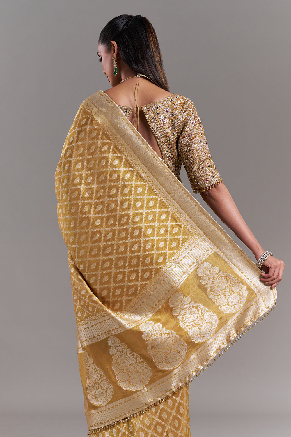 Mustard Yellow Shimmer Tissue Saree with Banarasi Print