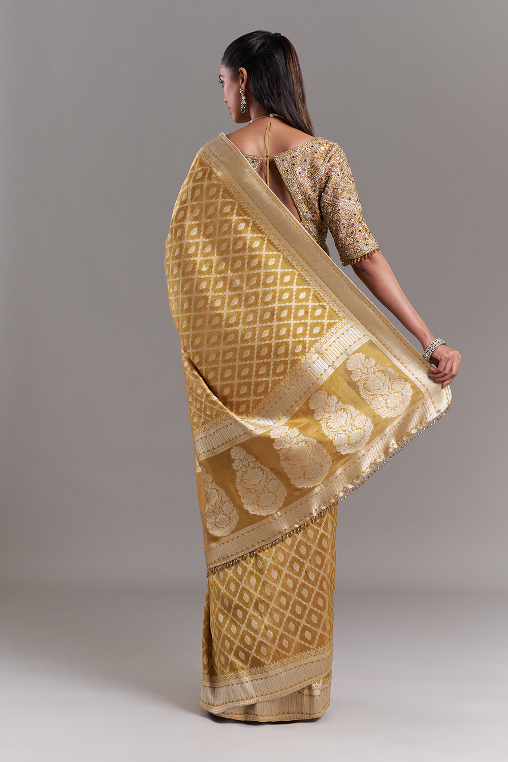 Mustard Yellow Shimmer Tissue Saree with Banarasi Print