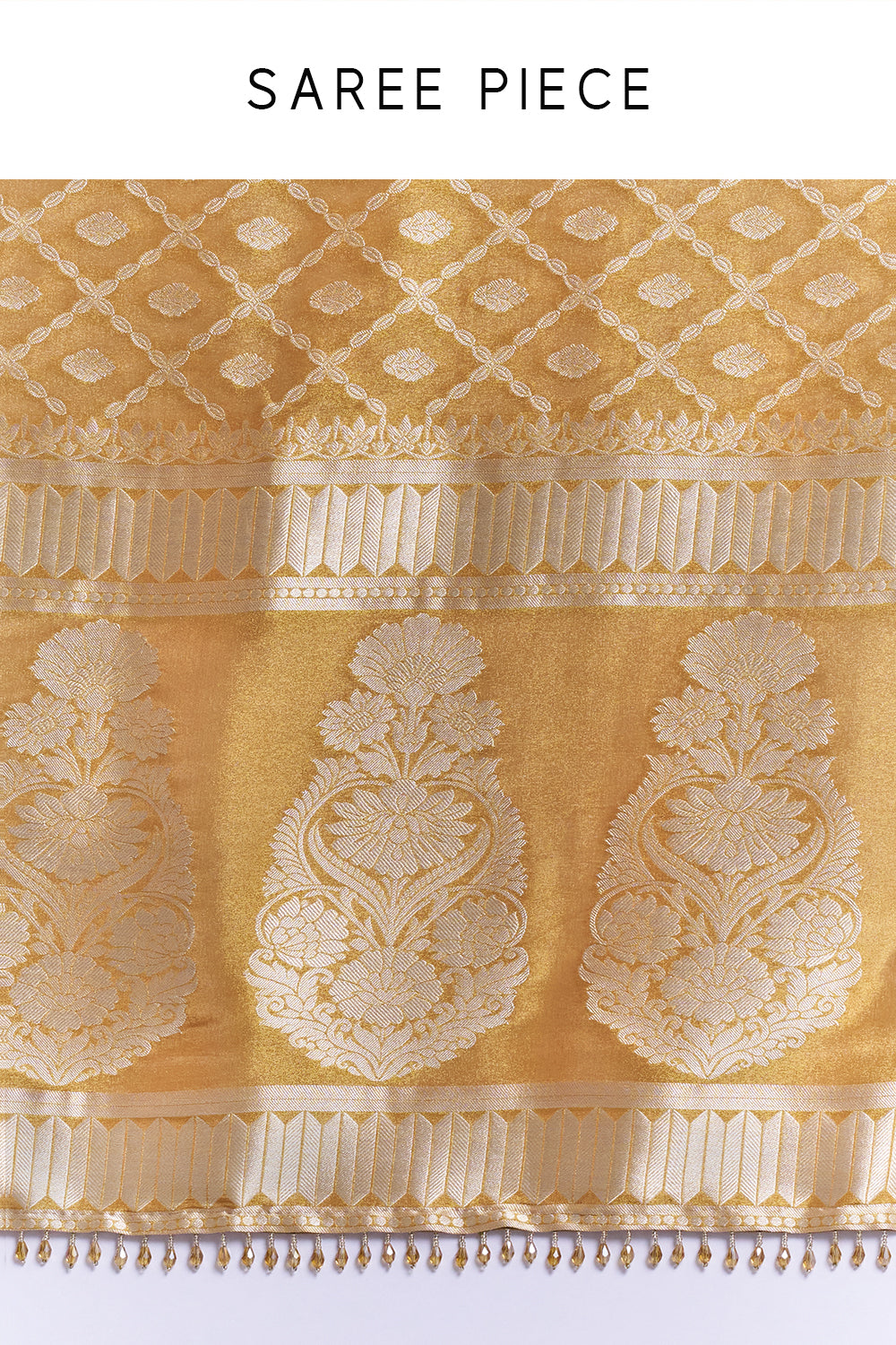 Mustard Yellow Shimmer Tissue Saree with Banarasi Print