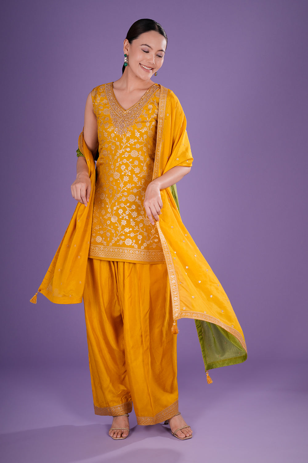Mustard Yellow Shimmer Zari Brocade Short Kurta Set with Zari Bead Embroidery