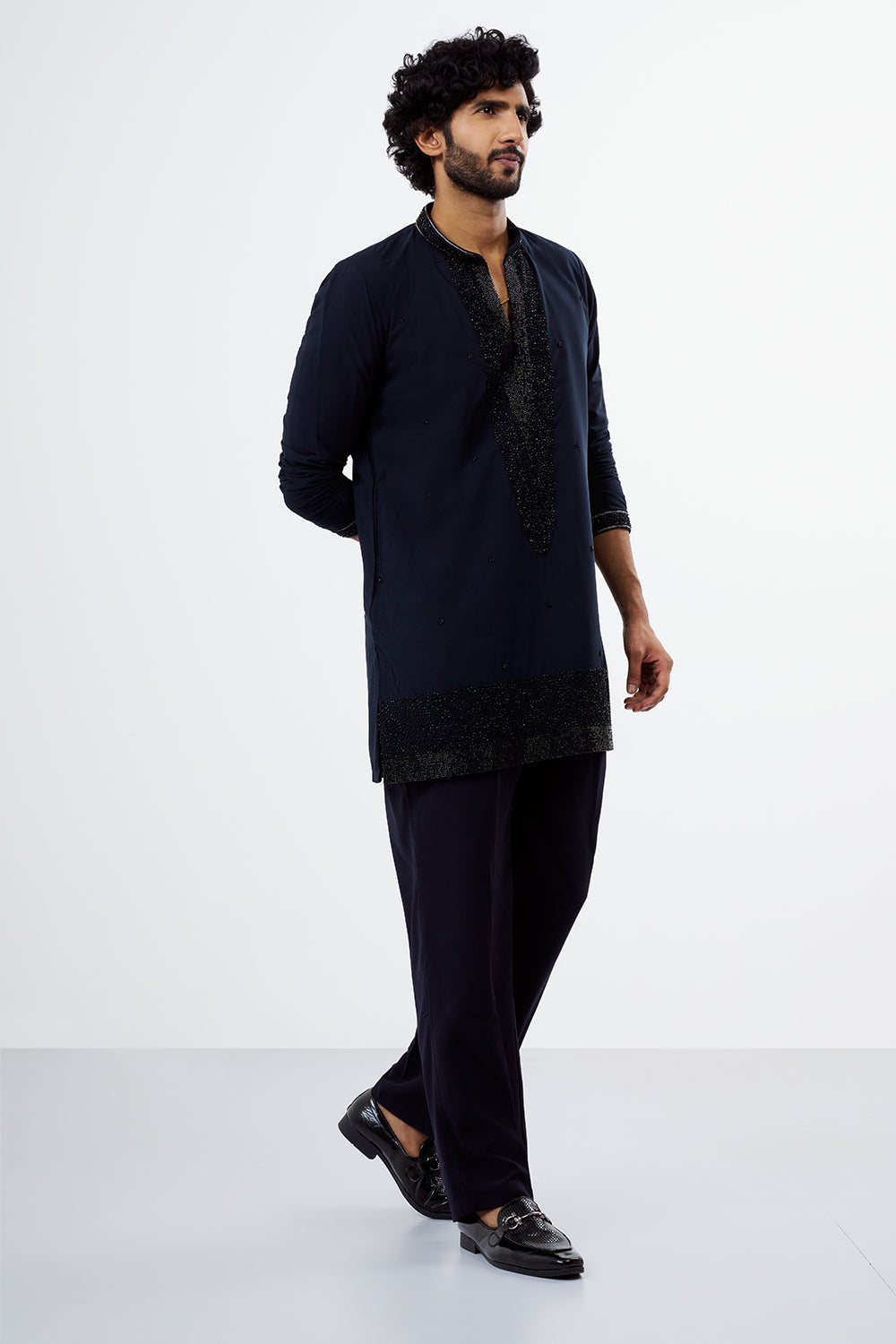Navy Blue Beads & Zari Work Polyester Cotton Men's Kurta Set