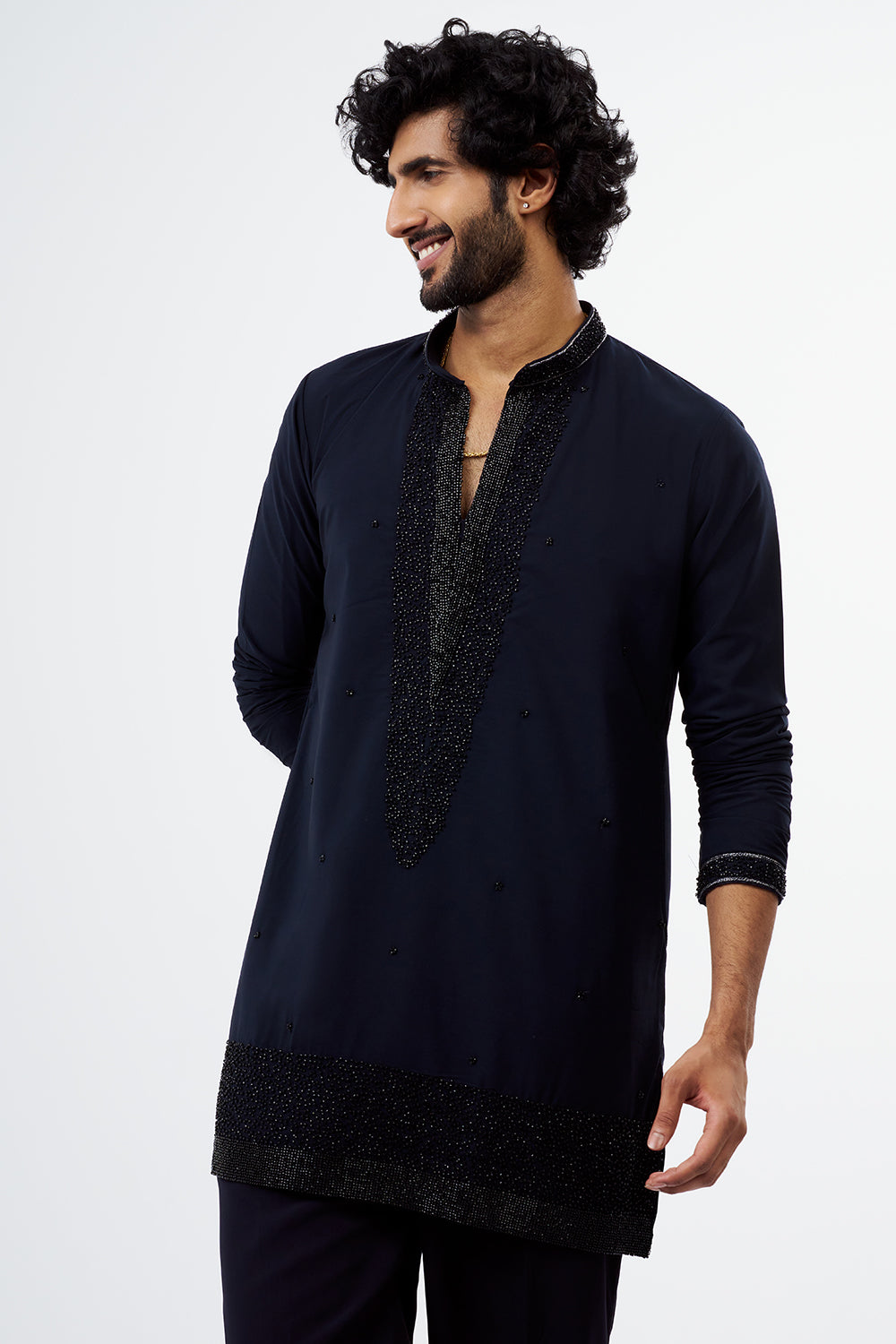 Navy Blue Beads & Zari Work Polyester Cotton Men's Kurta Set