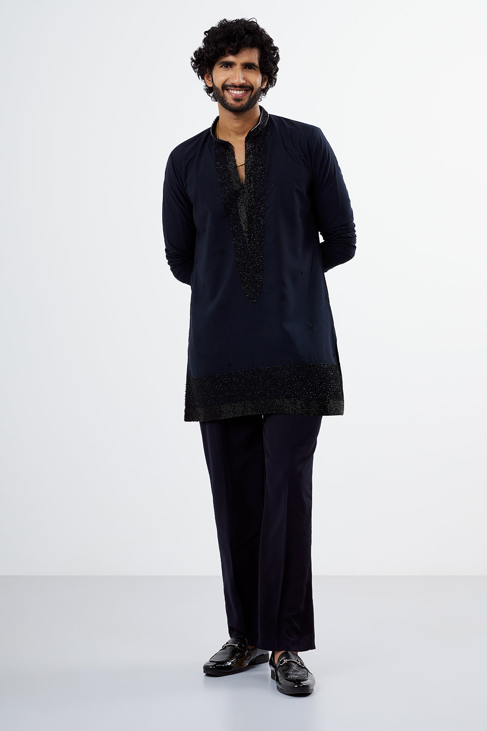 Navy Blue Beads & Zari Work Polyester Cotton Men's Kurta Set