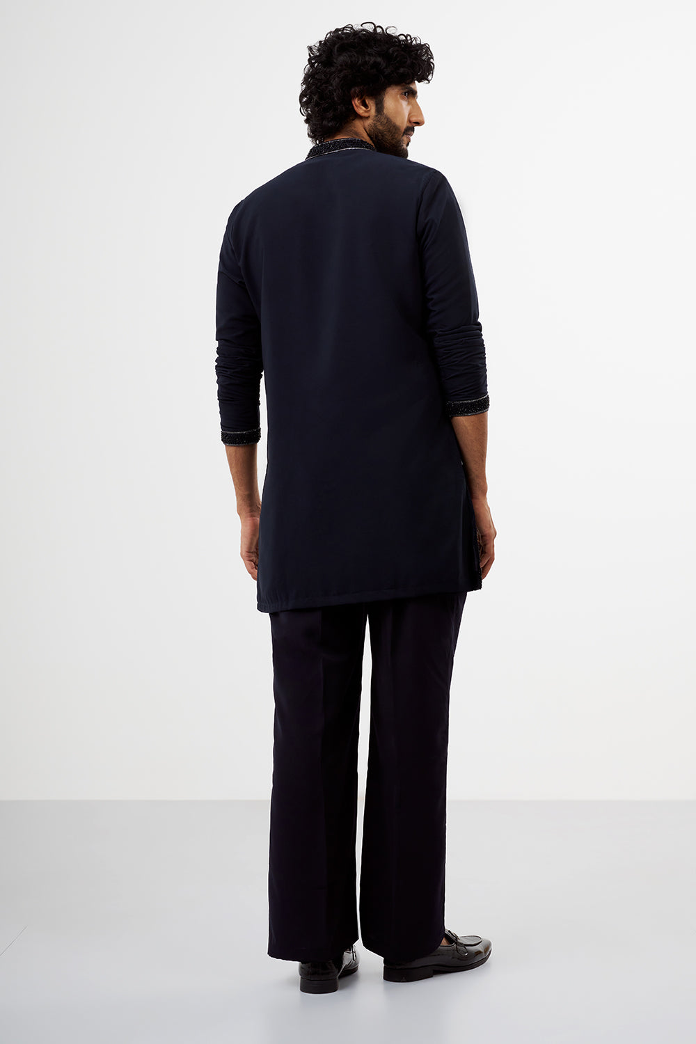 Navy Blue Beads & Zari Work Polyester Cotton Men's Kurta Set