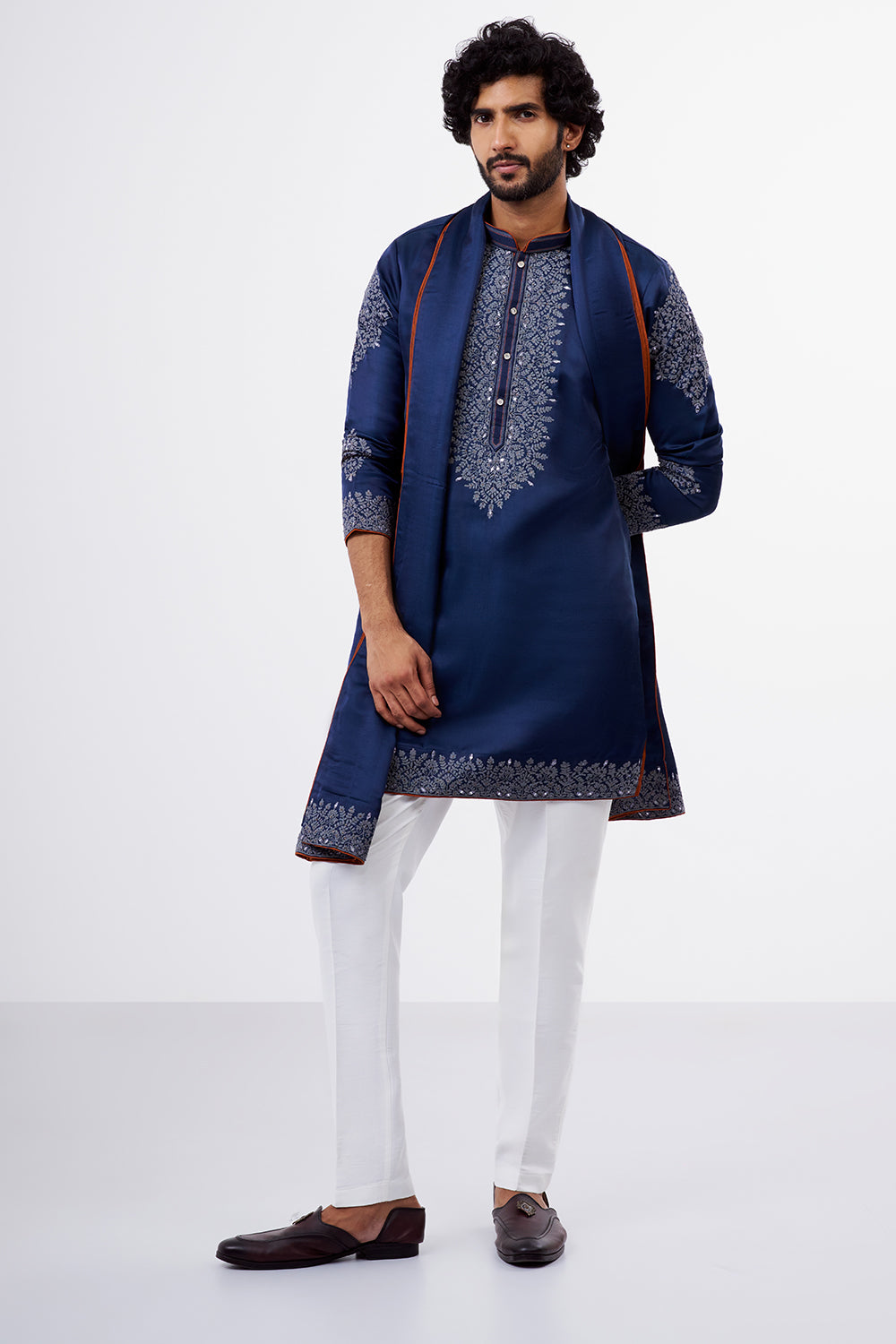 Navy Blue Botanical Embellished Nokia Silk Men's Kurta Set