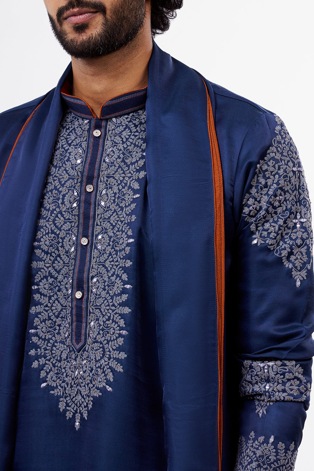 Navy Blue Botanical Embellished Nokia Silk Men's Kurta Set