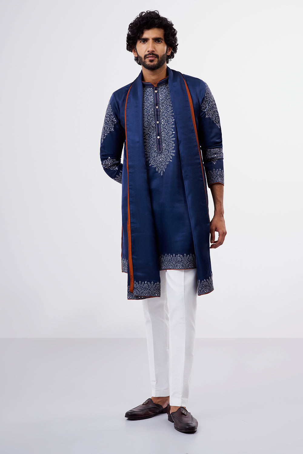 Navy Blue Botanical Embellished Nokia Silk Men's Kurta Set