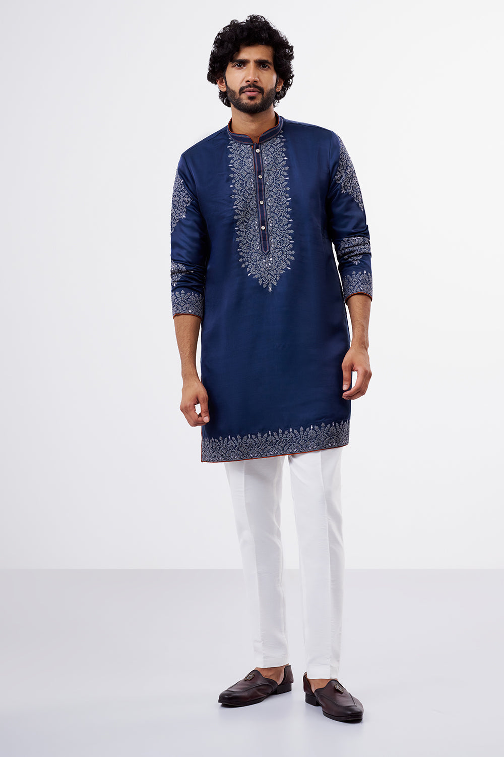 Navy Blue Botanical Embellished Nokia Silk Men's Kurta Set