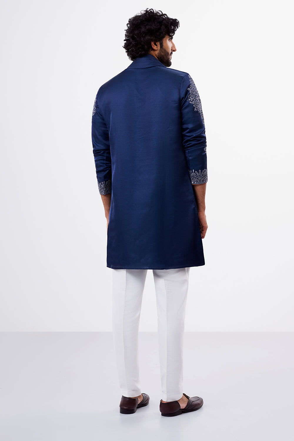 Navy Blue Botanical Embellished Nokia Silk Men's Kurta Set