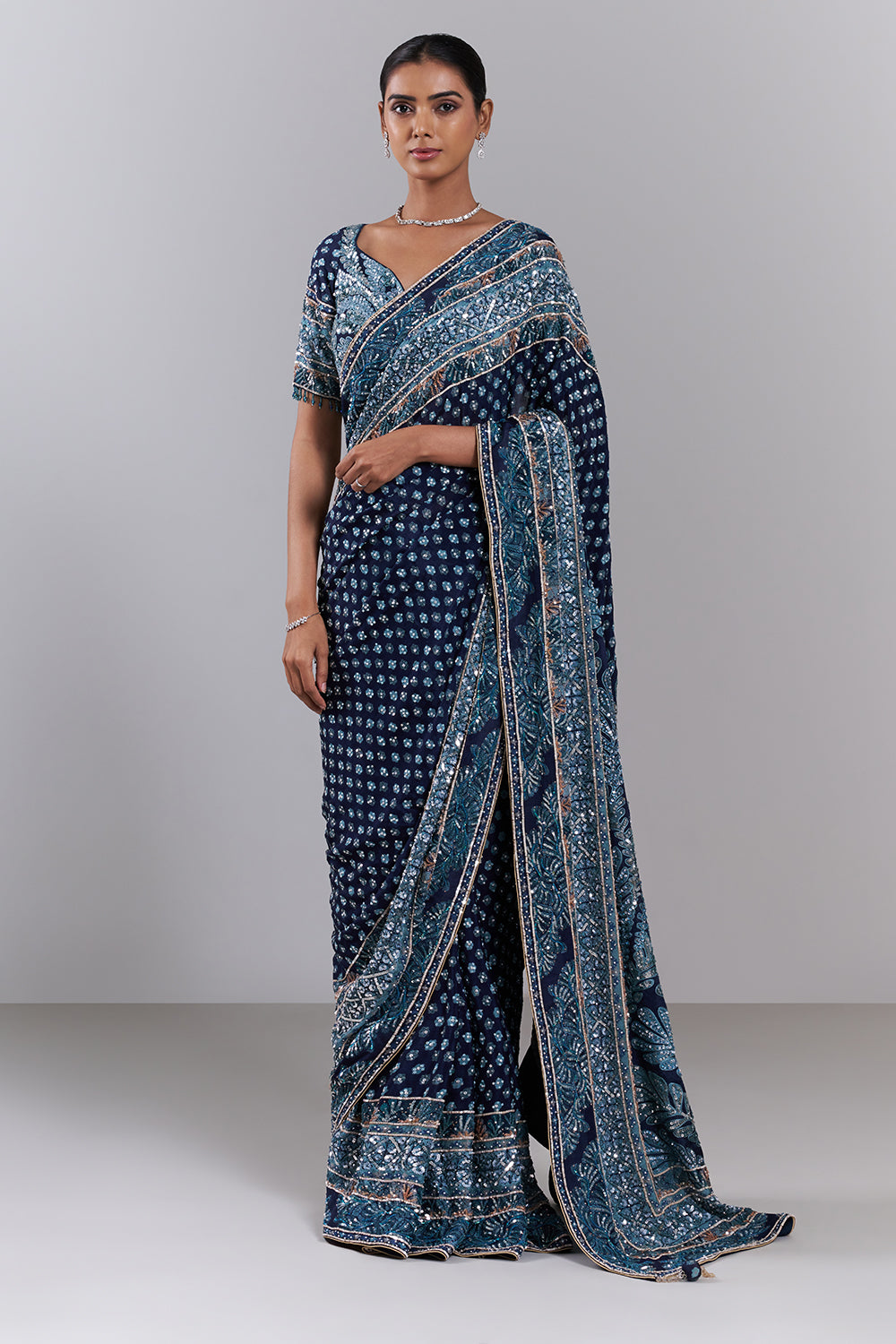 Navy Blue Georgette Embellished Saree And Stitched Blouse