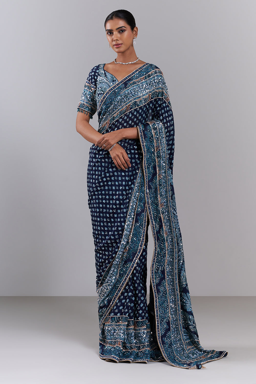 Navy Blue Georgette Embellished Saree And Stitched Blouse