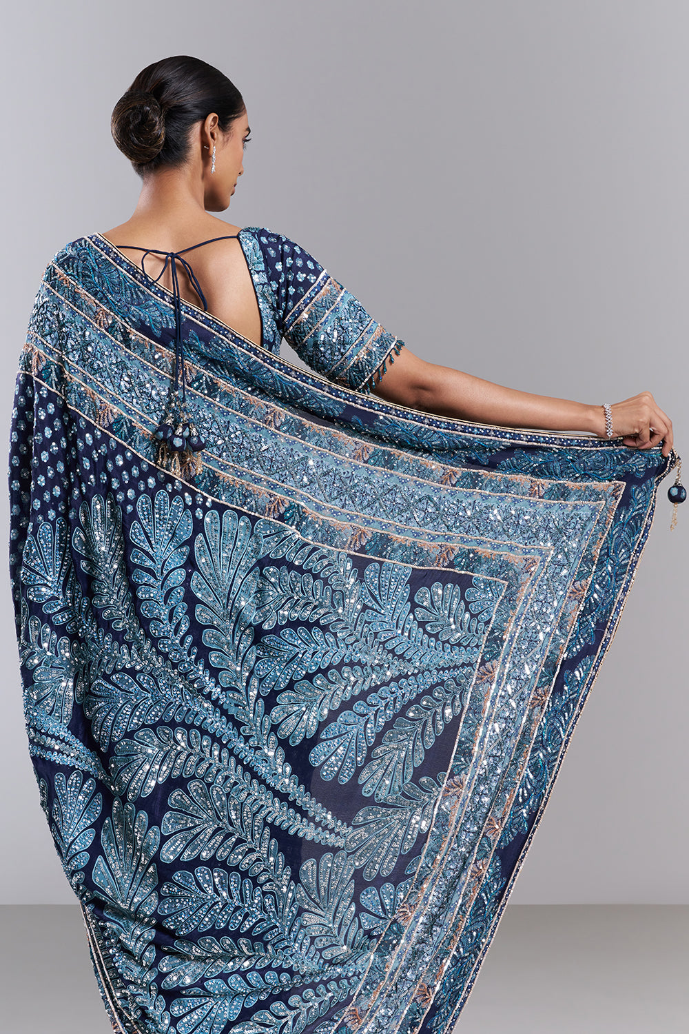 Navy Blue Georgette Embellished Saree And Stitched Blouse