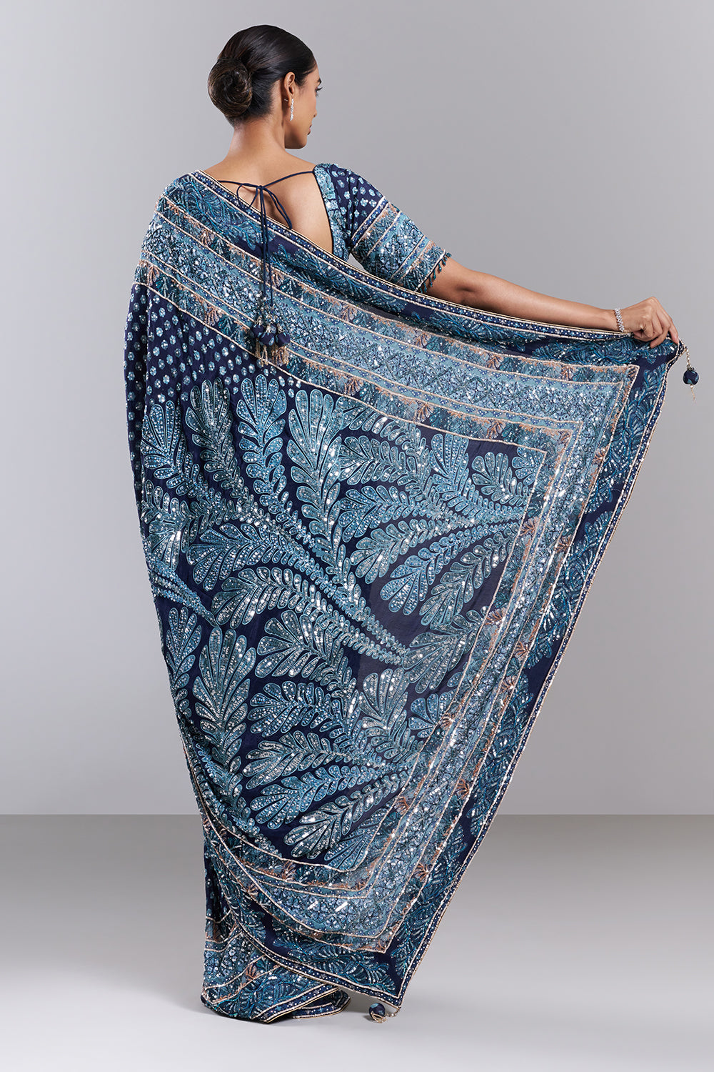Navy Blue Georgette Embellished Saree And Stitched Blouse