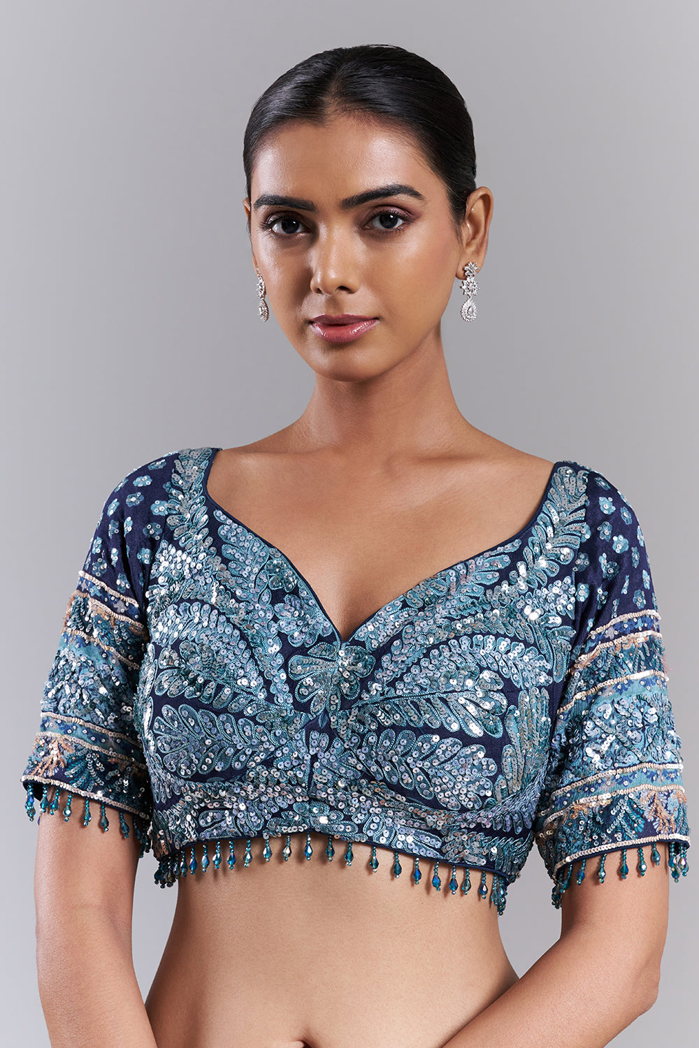 Navy Blue Georgette Embellished Saree And Stitched Blouse
