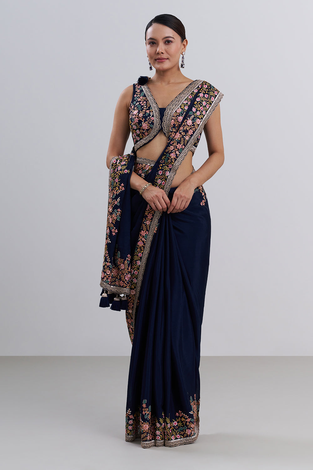 Navy Blue Crepe Saree with Thread Embroidery And Unstitched Blouse