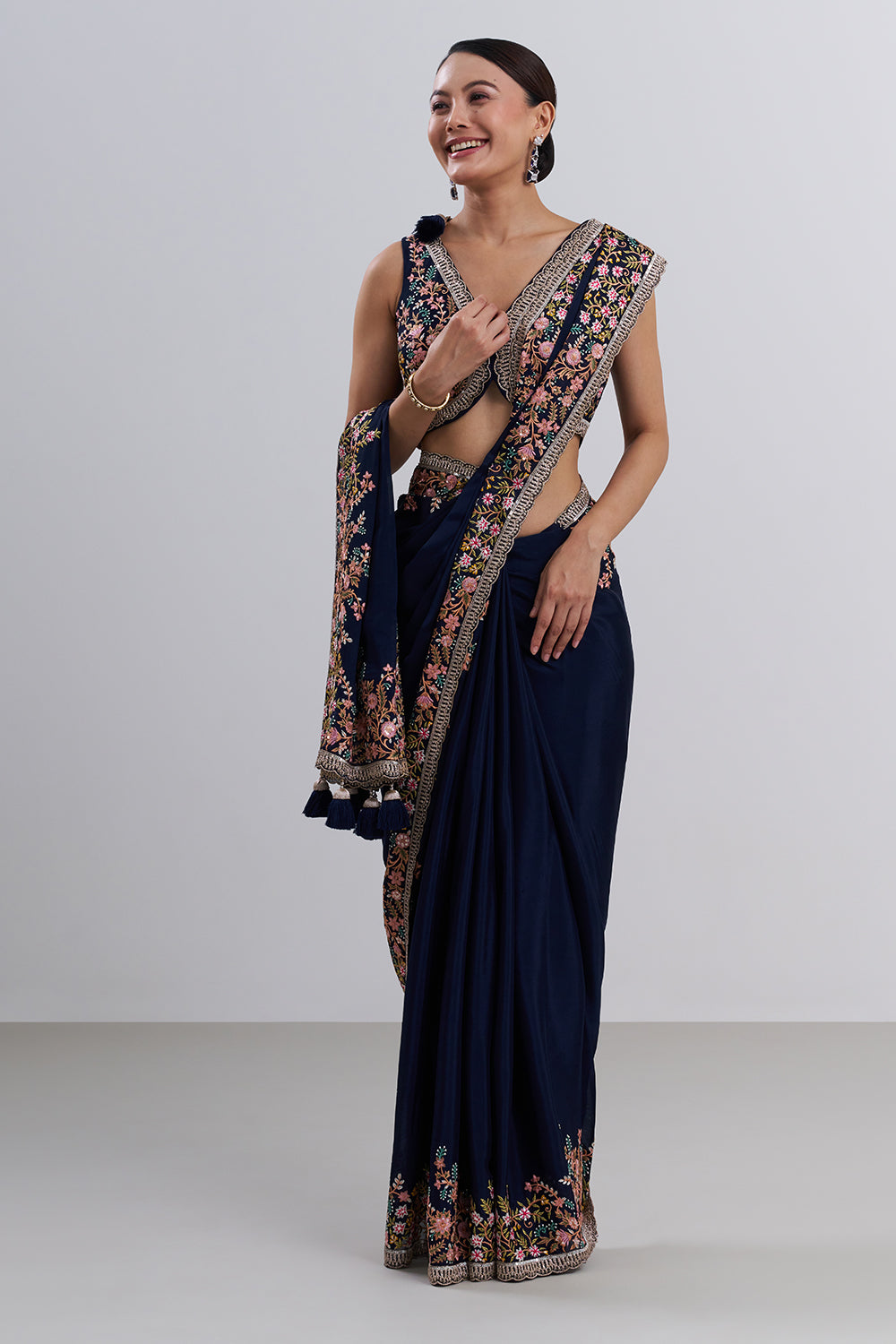 Navy Blue Crepe Saree with Thread Embroidery And Unstitched Blouse