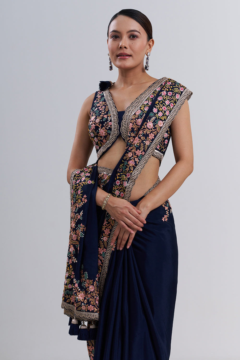 Navy Blue Crepe Saree with Thread Embroidery And Unstitched Blouse