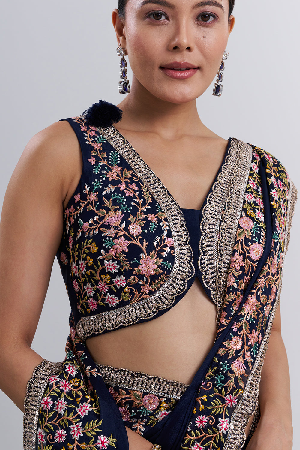 Navy Blue Crepe Saree with Thread Embroidery And Unstitched Blouse