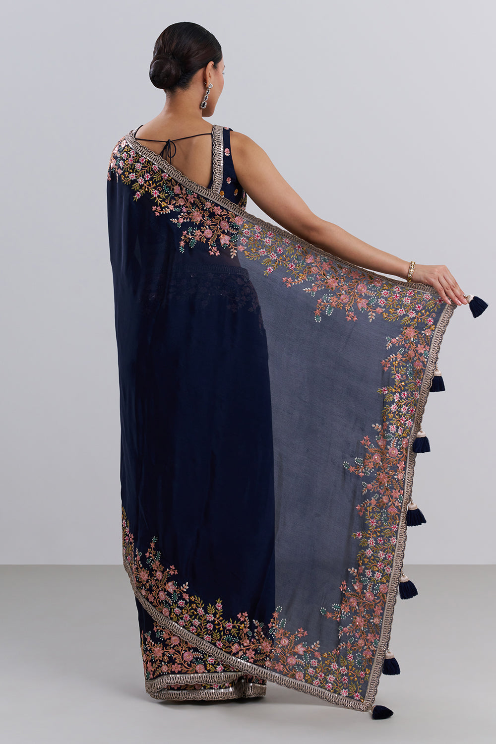 Navy Blue Crepe Saree with Thread Embroidery And Unstitched Blouse