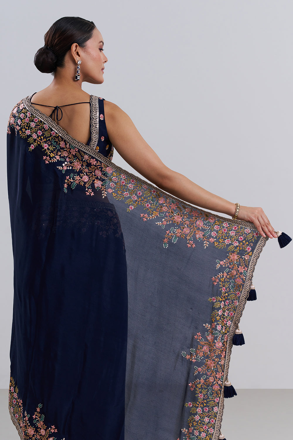 Navy Blue Crepe Saree with Thread Embroidery And Unstitched Blouse