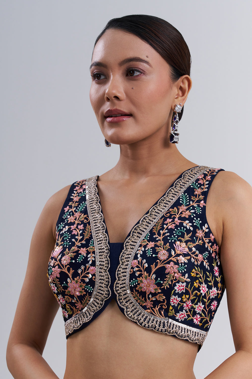 Navy Blue Crepe Saree with Thread Embroidery And Unstitched Blouse