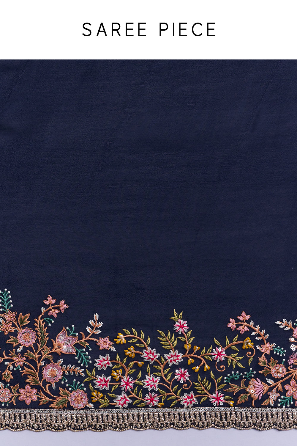 Navy Blue Crepe Saree with Thread Embroidery And Unstitched Blouse