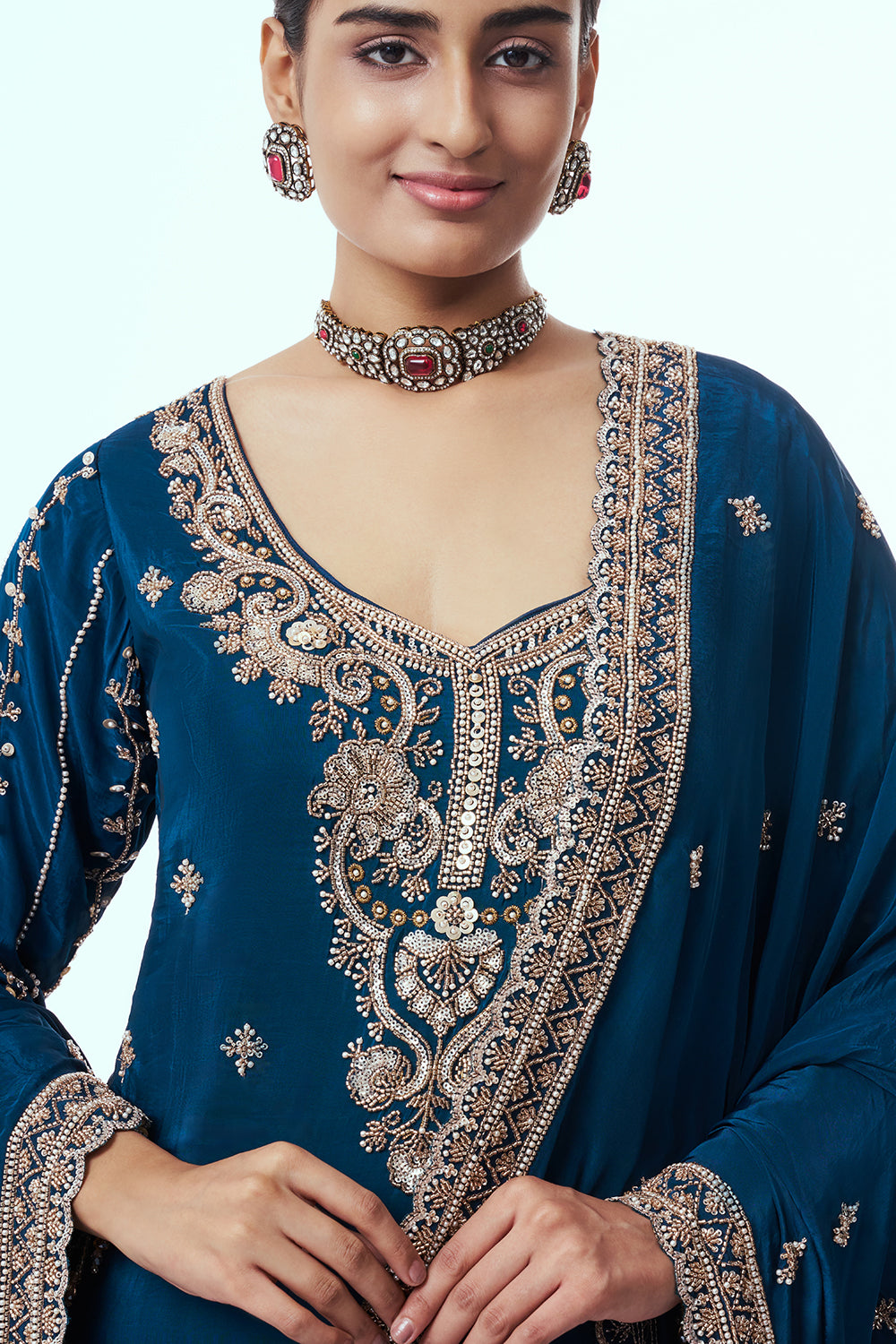Navy Blue Crepe Silk Sharara Suit with Zari Work