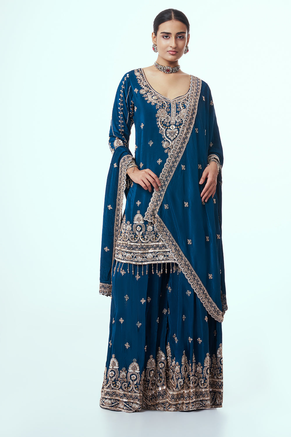 Navy Blue Crepe Silk Sharara Suit with Zari Work