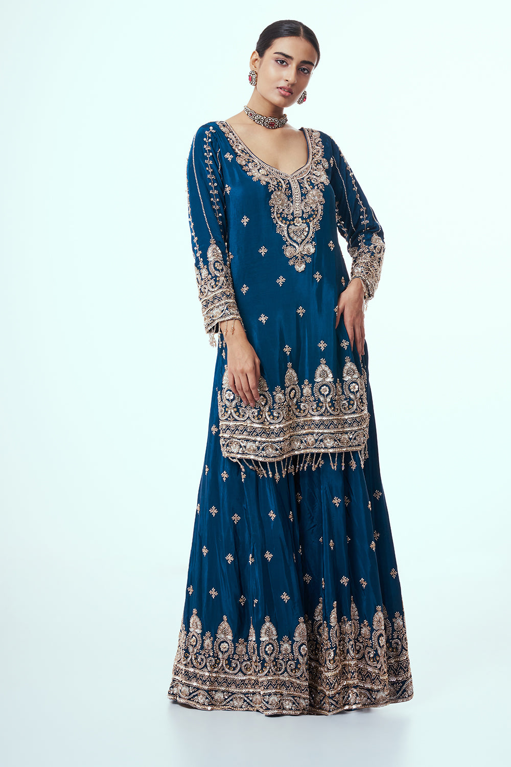Navy Blue Crepe Silk Sharara Suit with Zari Work