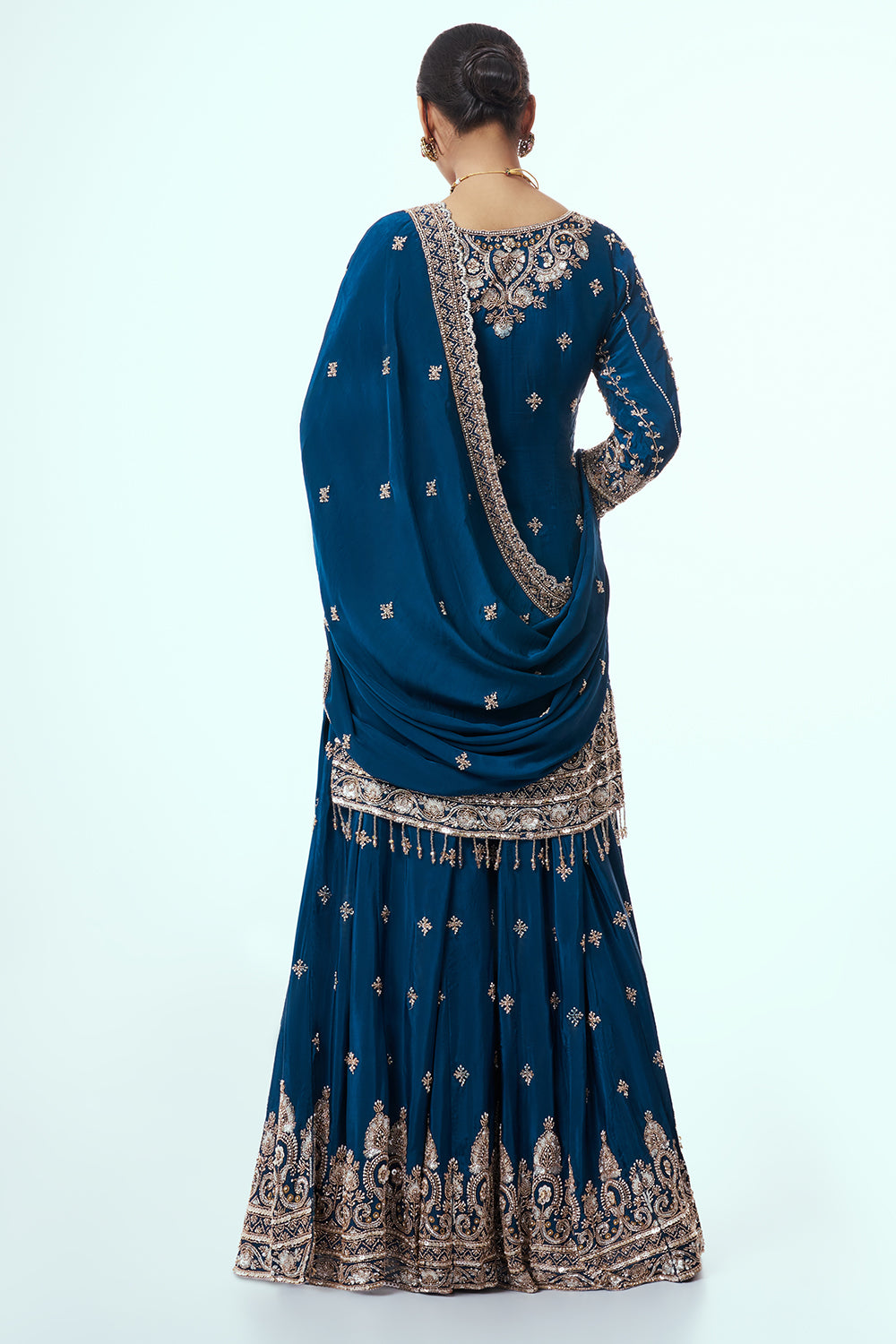 Navy Blue Crepe Silk Sharara Suit with Zari Work
