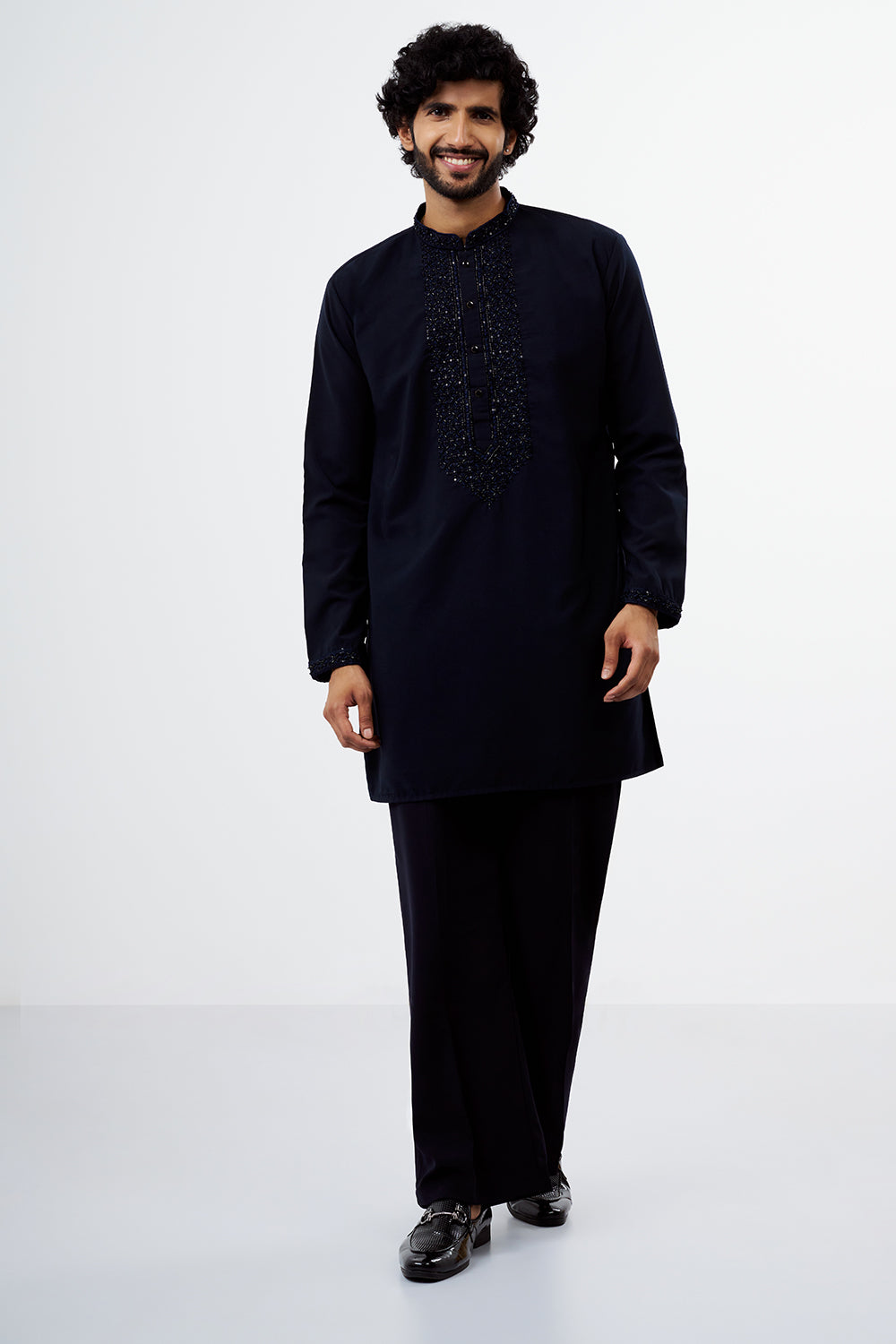 Navy Blue Polyester Cotton Men's Kurta Set