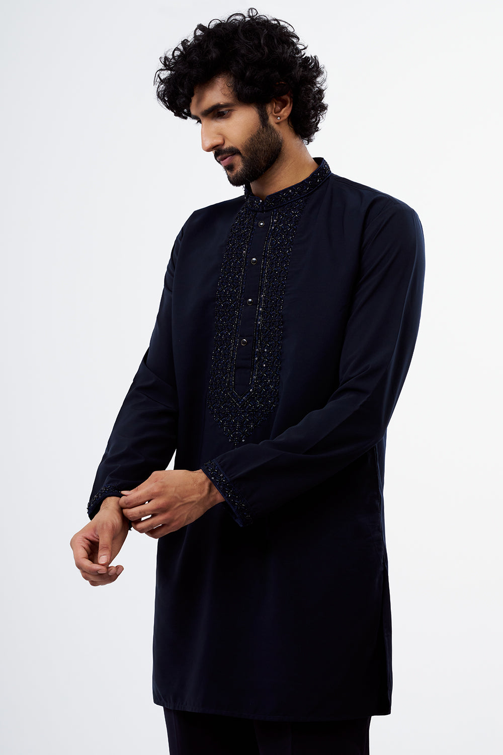 Navy Blue Polyester Cotton Men's Kurta Set