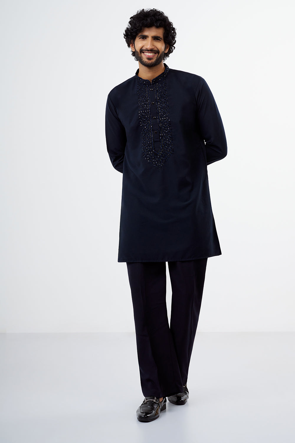 Navy Blue Polyester Cotton Men's Kurta Set