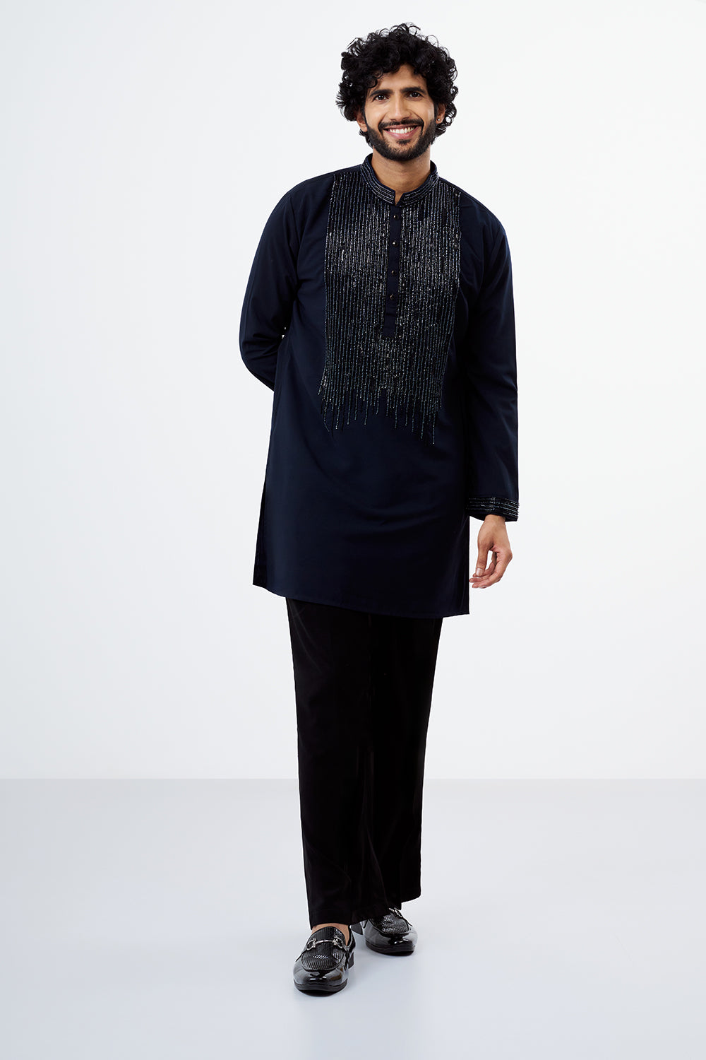 Navy Blue Polyester Cotton Sequins Work Men's Kurta Set