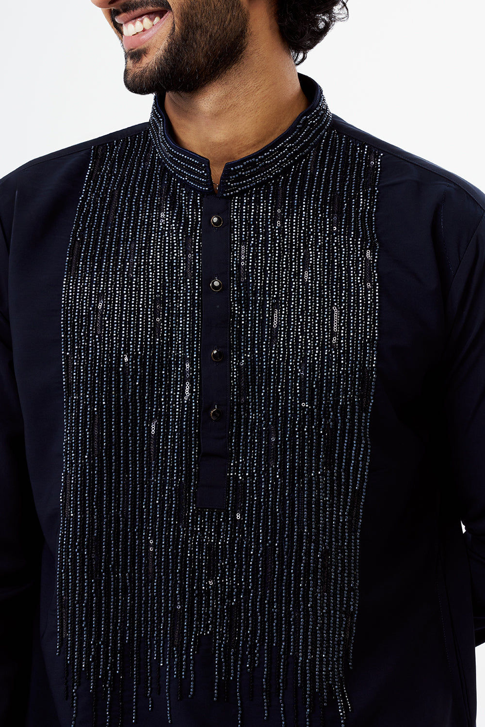 Navy Blue Polyester Cotton Sequins Work Men's Kurta Set