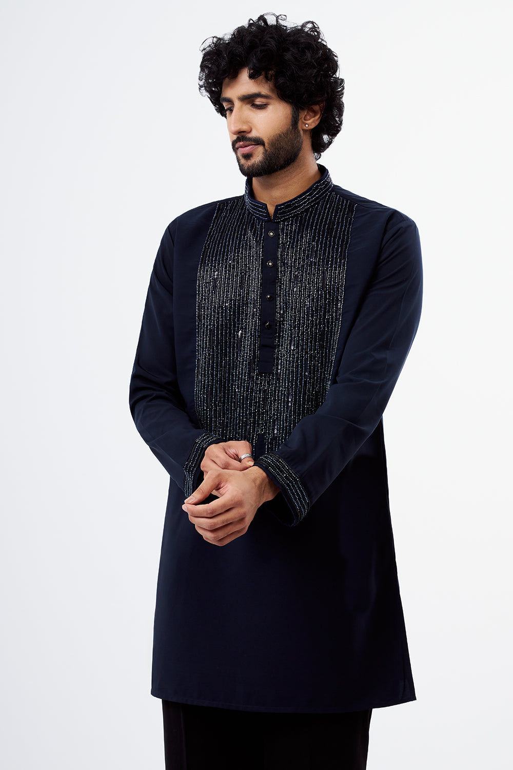 Navy Blue Polyester Cotton Sequins Work Men's Kurta Set