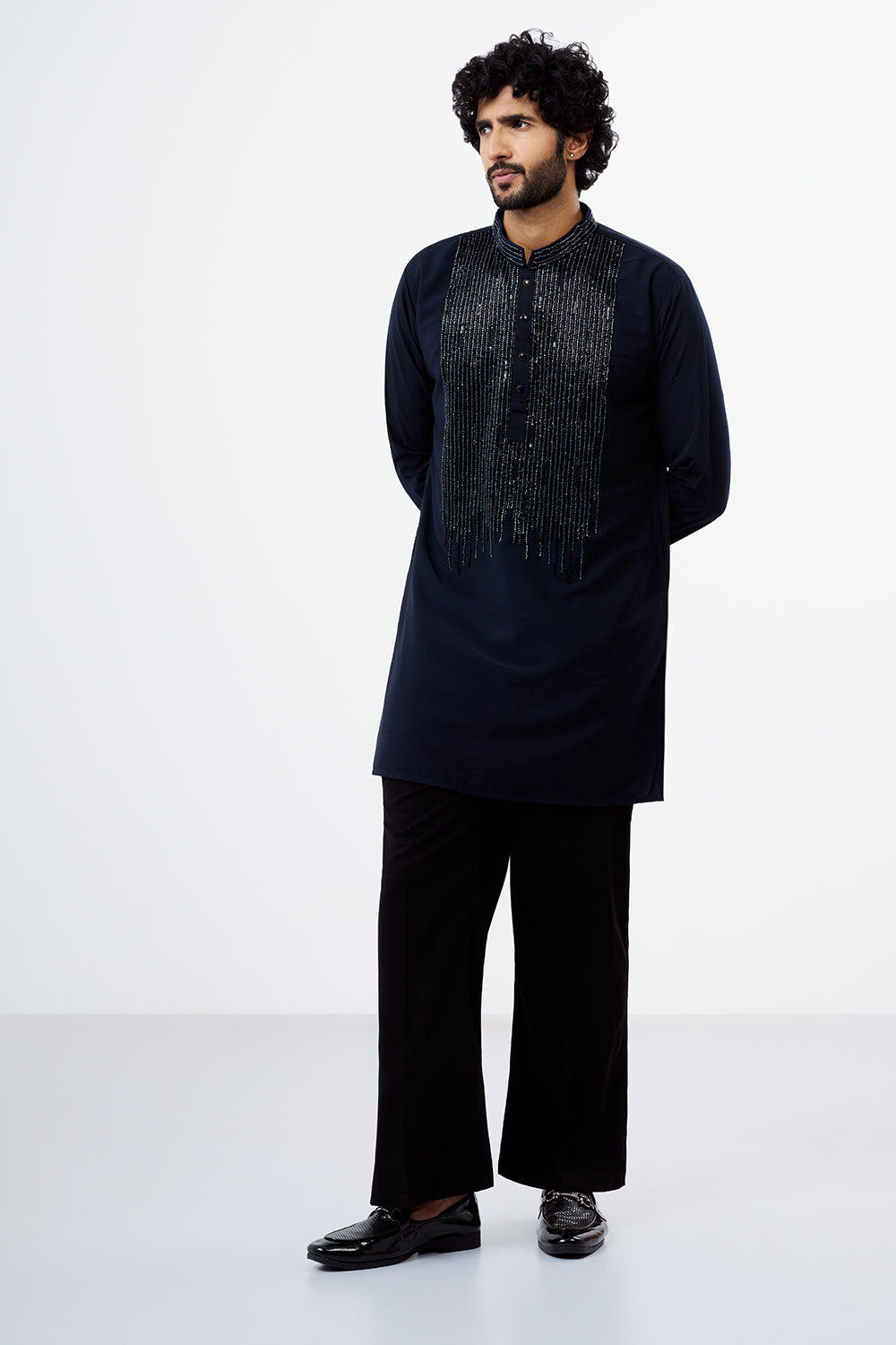 Navy Blue Polyester Cotton Sequins Work Men's Kurta Set