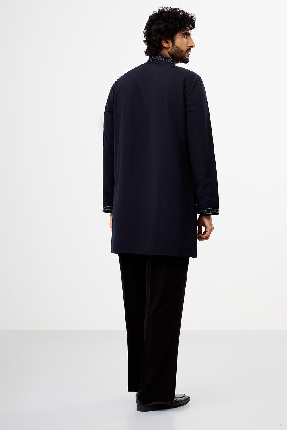 Navy Blue Polyester Cotton Sequins Work Men's Kurta Set